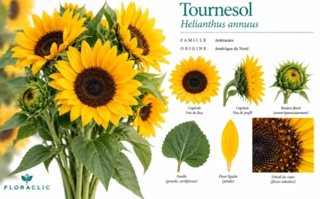 Planche botanique du tournesol Helianthus annuus avec capitules jaunes à cœur brun, bouton floral, grande feuille cordiforme et détail des fleurs tubulées