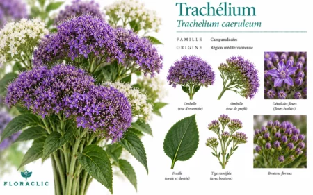 Planche botanique du trachélium Trachelium caeruleum avec inflorescences violettes et blanches, petites fleurs étoilées, boutons, feuille et tige ramifiée