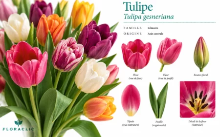 Planche botanique de la tulipe Tulipa gesneriana avec fleurs roses, blanches, jaunes, orange et violettes, bouton floral, feuille engainante et détail de la fleur