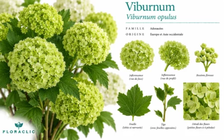 Planche botanique du Viburnum opulus vert pomme avec grosses inflorescences sphériques, boutons floraux, feuille lobée, tige feuillée et détail des petites fleurs
