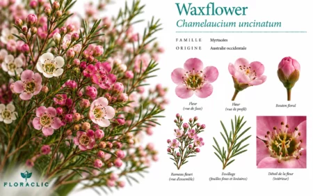 Planche botanique du waxflower rose Chamelaucium uncinatum avec petites fleurs à cinq pétales, boutons, rameaux fins, feuillage linéaire et détail floral
