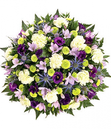 Livraison fleurs deuil: Coussin blanc vert violet pour obsèques
